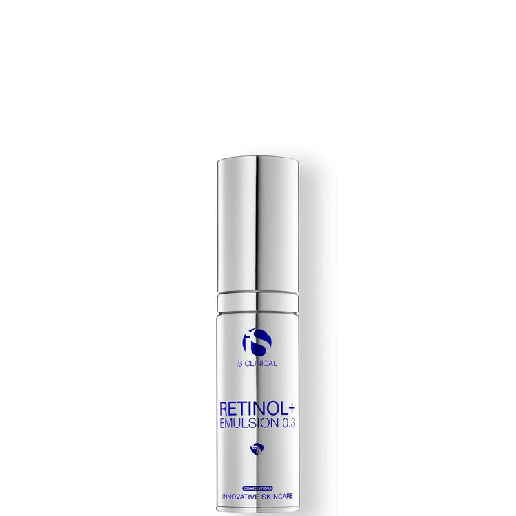 Silver airless pump bottle of iS Clinical Retinol+ Emulsion 0.3