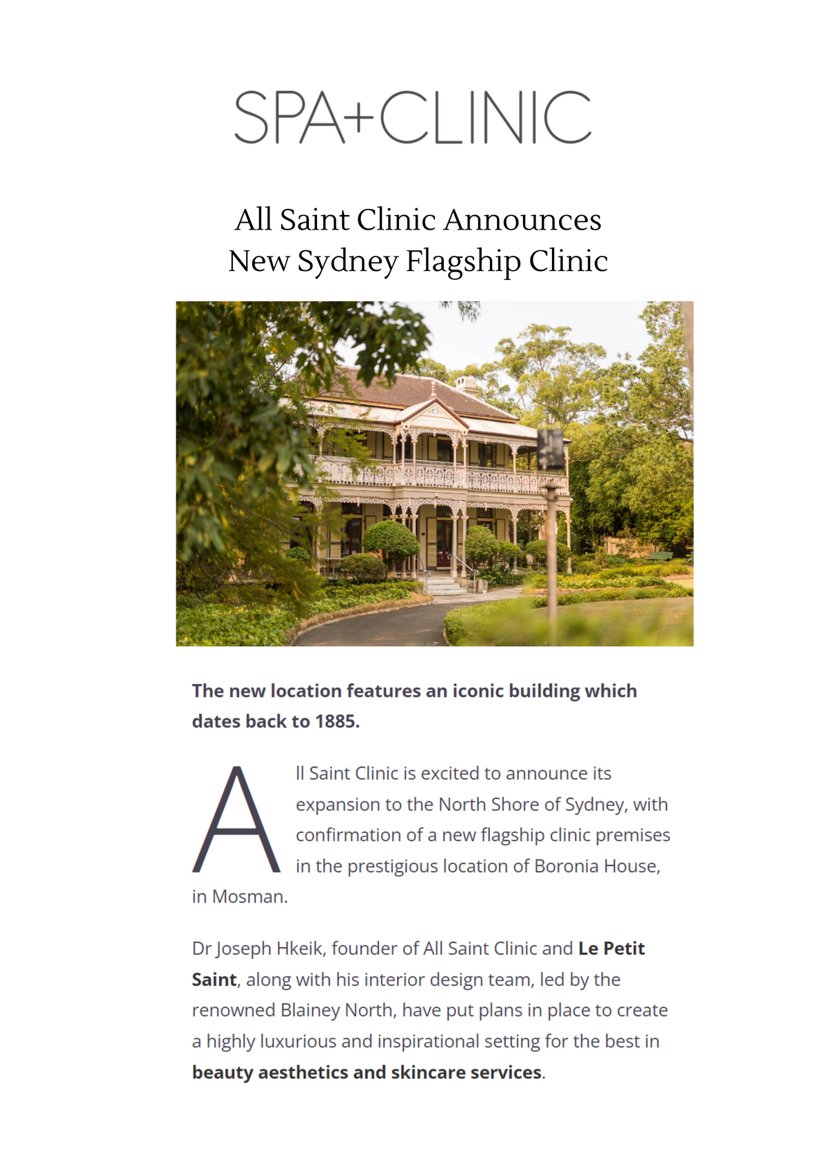 SPA & CLINIC - ALL SAINT CLINIC ANNOUNCES NEW FLAGSHIP CLINIC