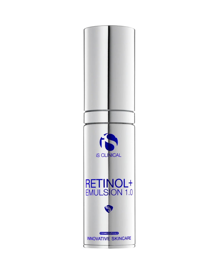 Silver airless pump bottle of iS Clinical Retinol+ Emulsion 1.0