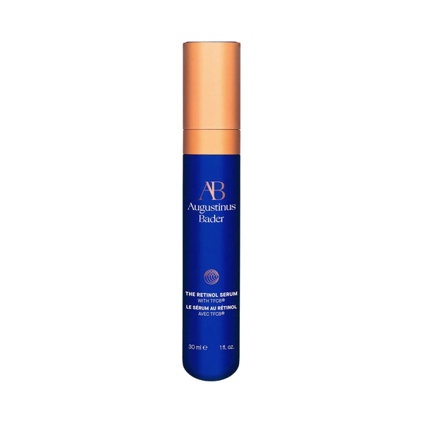 Augustinus Bader Retinol Serum in blue skincare serum bottle with gold cap on a white background